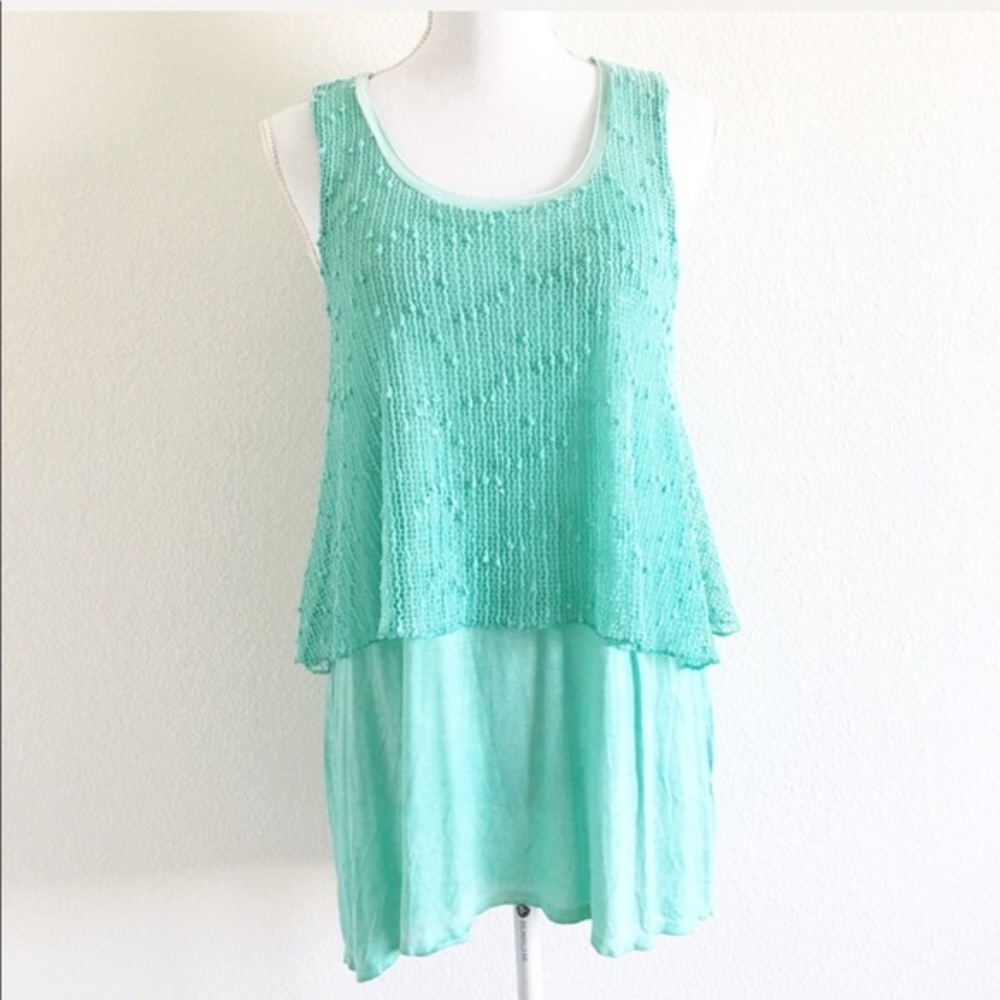 Cupio Aquamarine Blue Green Tropical Layered Sequin Blouse Tunic - Picture 3 of 8